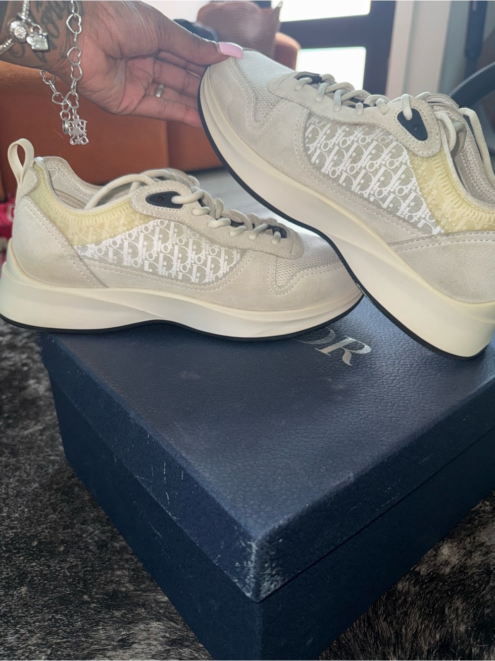 Dior Monogram Logo Low Top Lace-Up Sneakers Beige/White/Black Men's size 6
